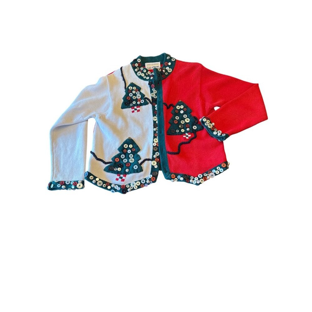 Vintage Lisa Nichols Ugly Christmas Sweater Cardigan With Button Tree Design & R